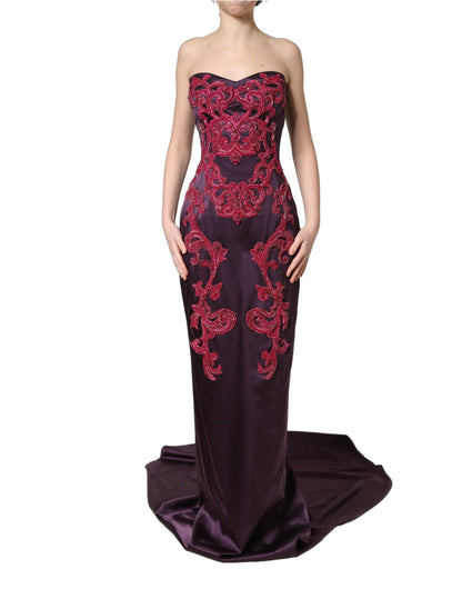 Vestido de Noche Largo Dolce & Gabbana de Seda Morada sin Tirantes con Cristales