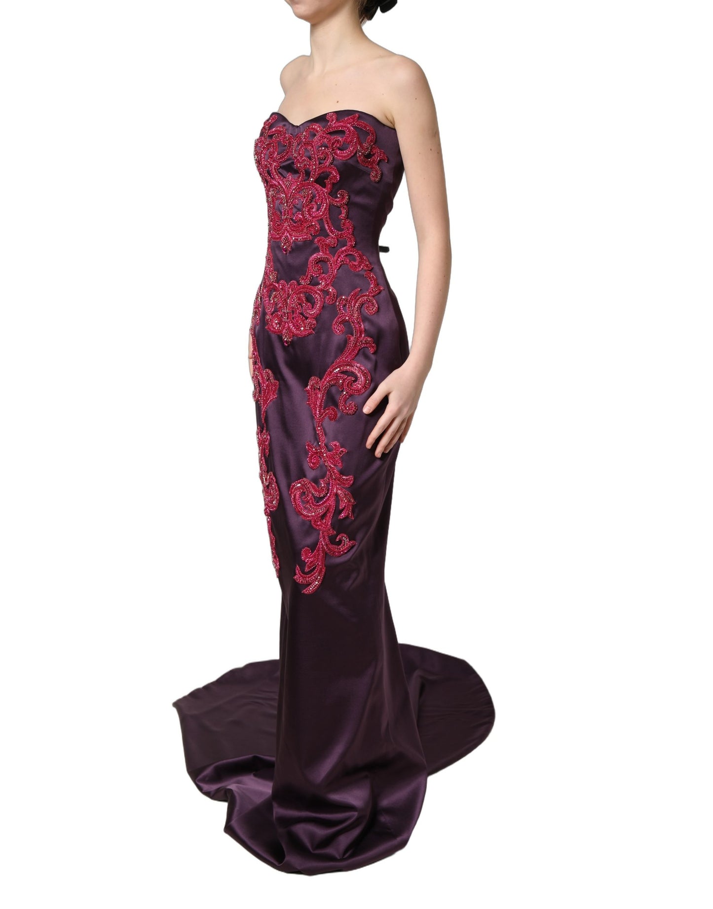Vestido de Noche Largo Dolce & Gabbana de Seda Morada sin Tirantes con Cristales
