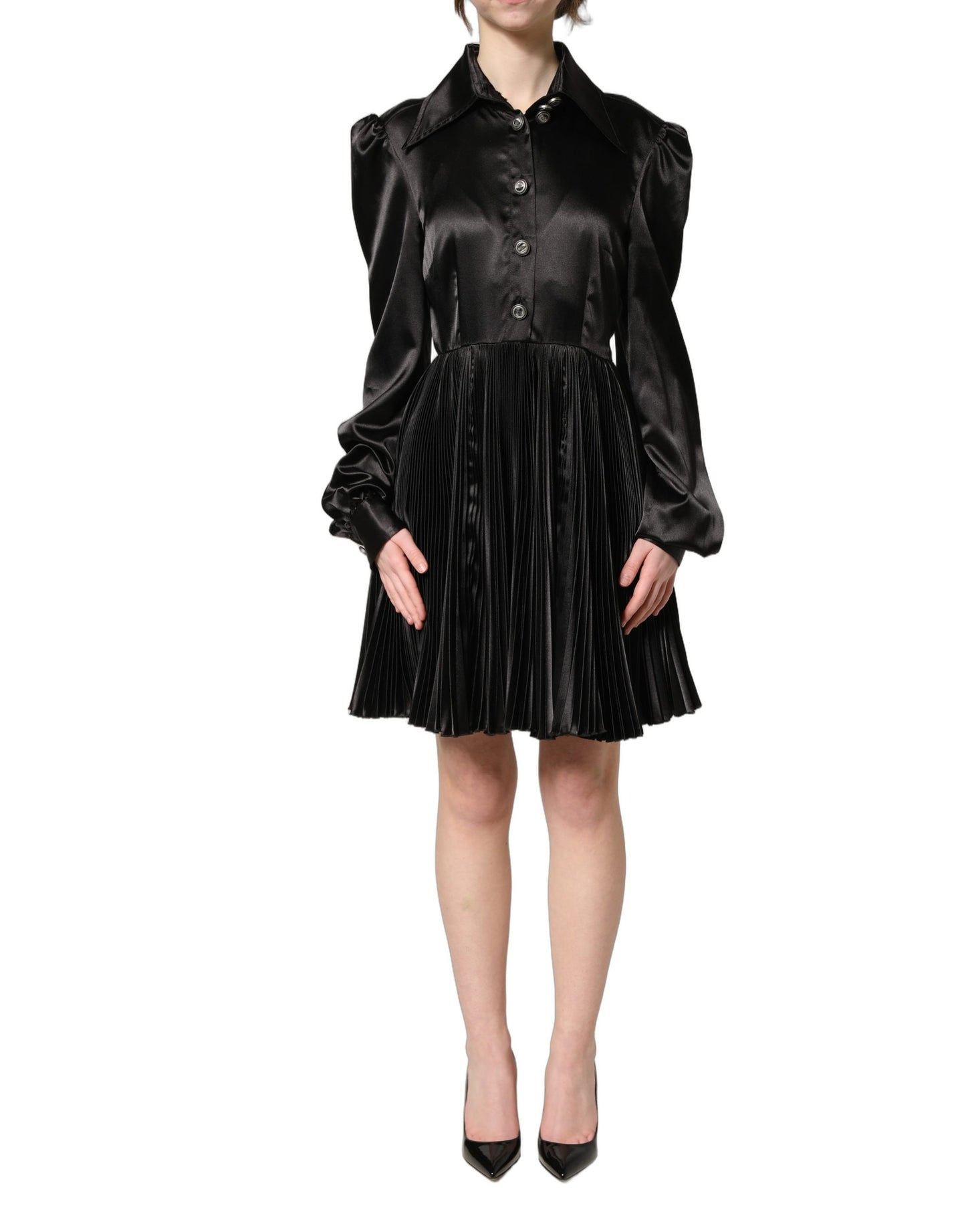 Vestido Plisado Dolce & Gabbana de Satén Negro con Mangas Largas Abullonadas