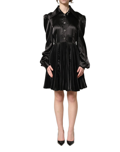 Vestido Plisado Dolce & Gabbana de Satén Negro con Mangas Largas Abullonadas