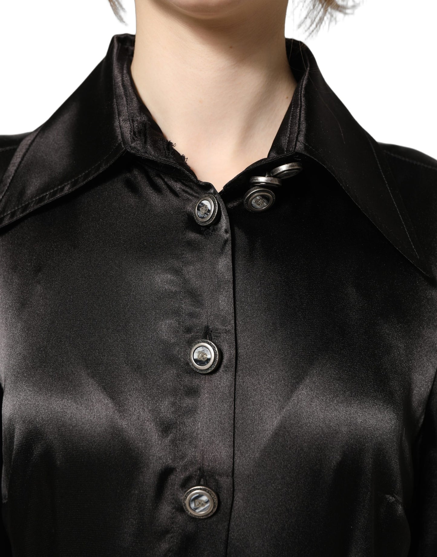 Vestido Plisado Dolce & Gabbana de Satén Negro con Mangas Largas Abullonadas