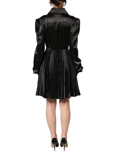 Vestido Plisado Dolce & Gabbana de Satén Negro con Mangas Largas Abullonadas