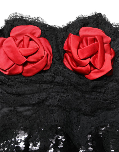 Robe midi bustier Dolce & Gabbana noire avec sequins roses rouges