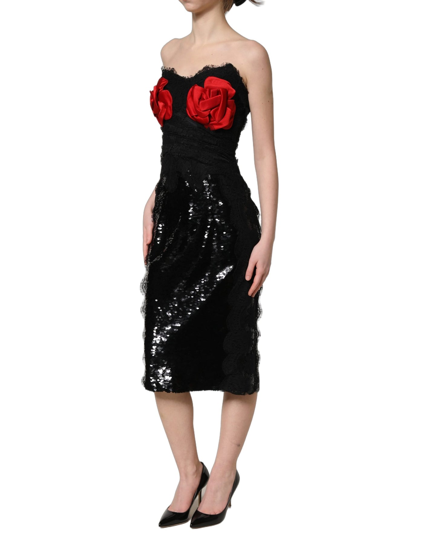 Robe midi bustier Dolce & Gabbana noire avec sequins roses rouges