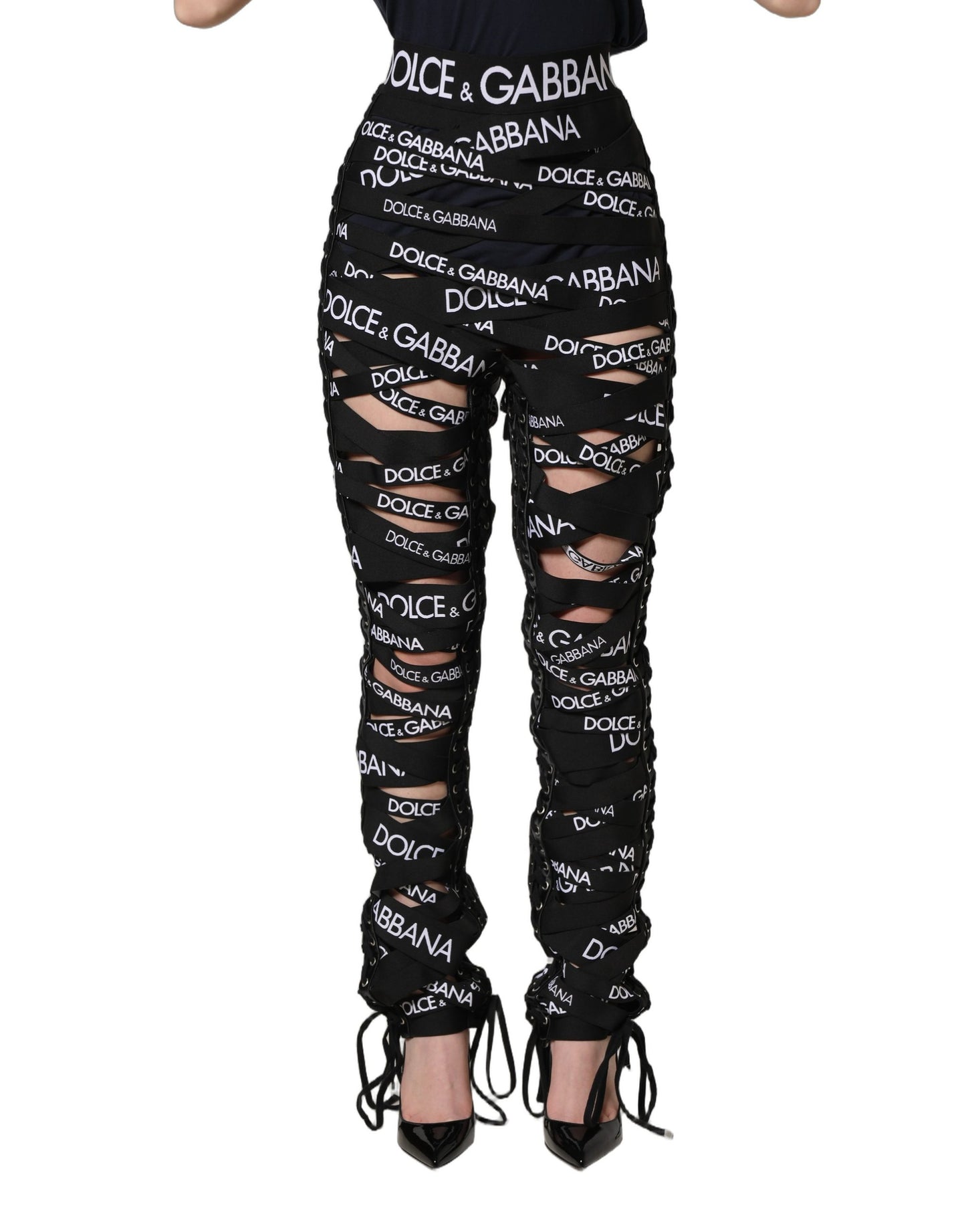 Pantalon Dolce & Gabbana taille haute skinny noir avec découpes et logo en ruban