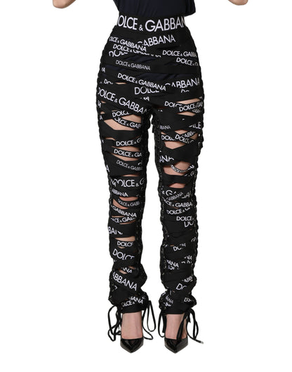 Pantalon Dolce & Gabbana taille haute skinny noir avec découpes et logo en ruban