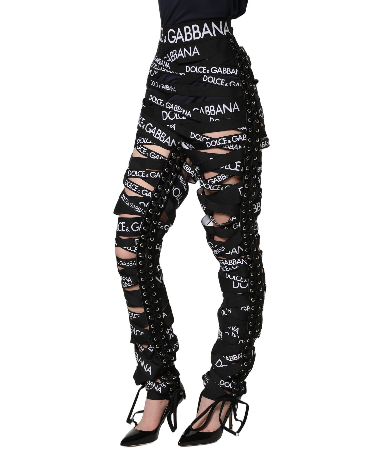 Pantalon Dolce & Gabbana taille haute skinny noir avec découpes et logo en ruban