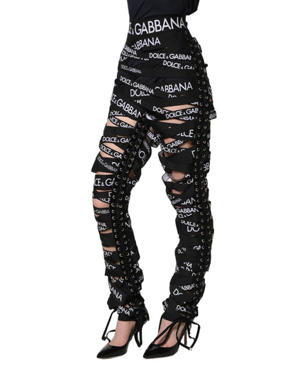 Pantalon Dolce & Gabbana taille haute skinny noir avec découpes et logo en ruban