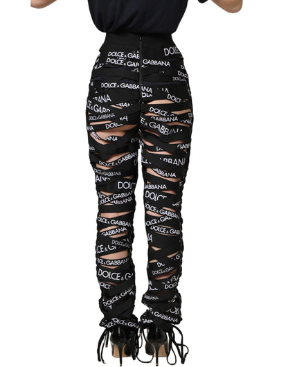 Pantalon Dolce & Gabbana taille haute skinny noir avec découpes et logo en ruban