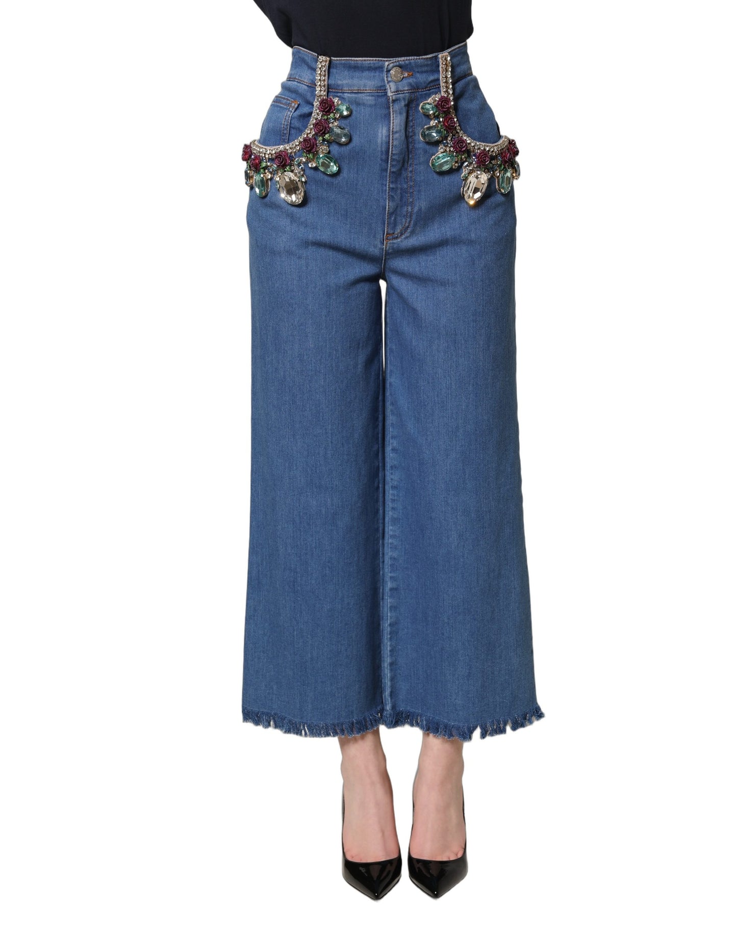 Jean ample court en denim bleu orné Dolce & Gabbana