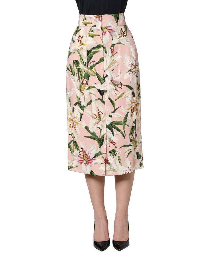Falda lápiz de talle alto con estampado de lirios rosas de Dolce & Gabbana