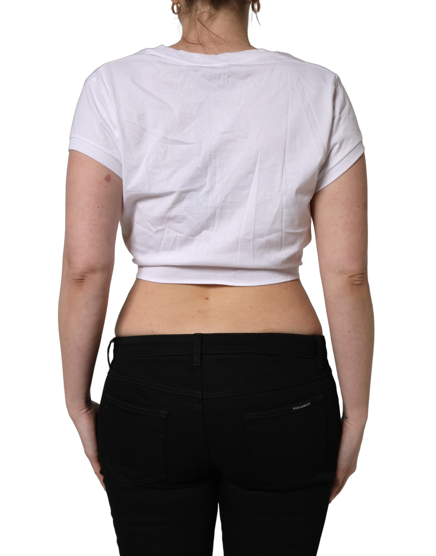 Top corto Dolce & Gabbana blanco con logo bordado y lazo en la cintura