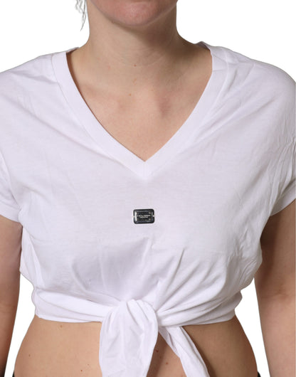 Top corto Dolce & Gabbana blanco con logo bordado y lazo en la cintura