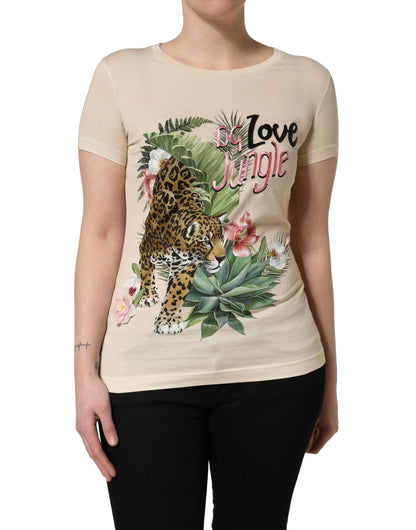 T-shirt Dolce & Gabbana en coton beige imprimé jungle à col rond