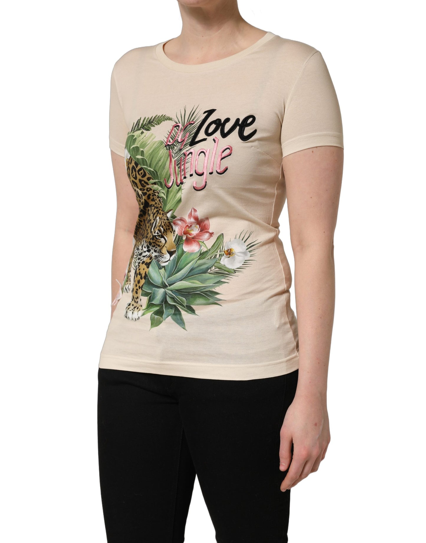 T-shirt Dolce & Gabbana en coton beige imprimé jungle à col rond