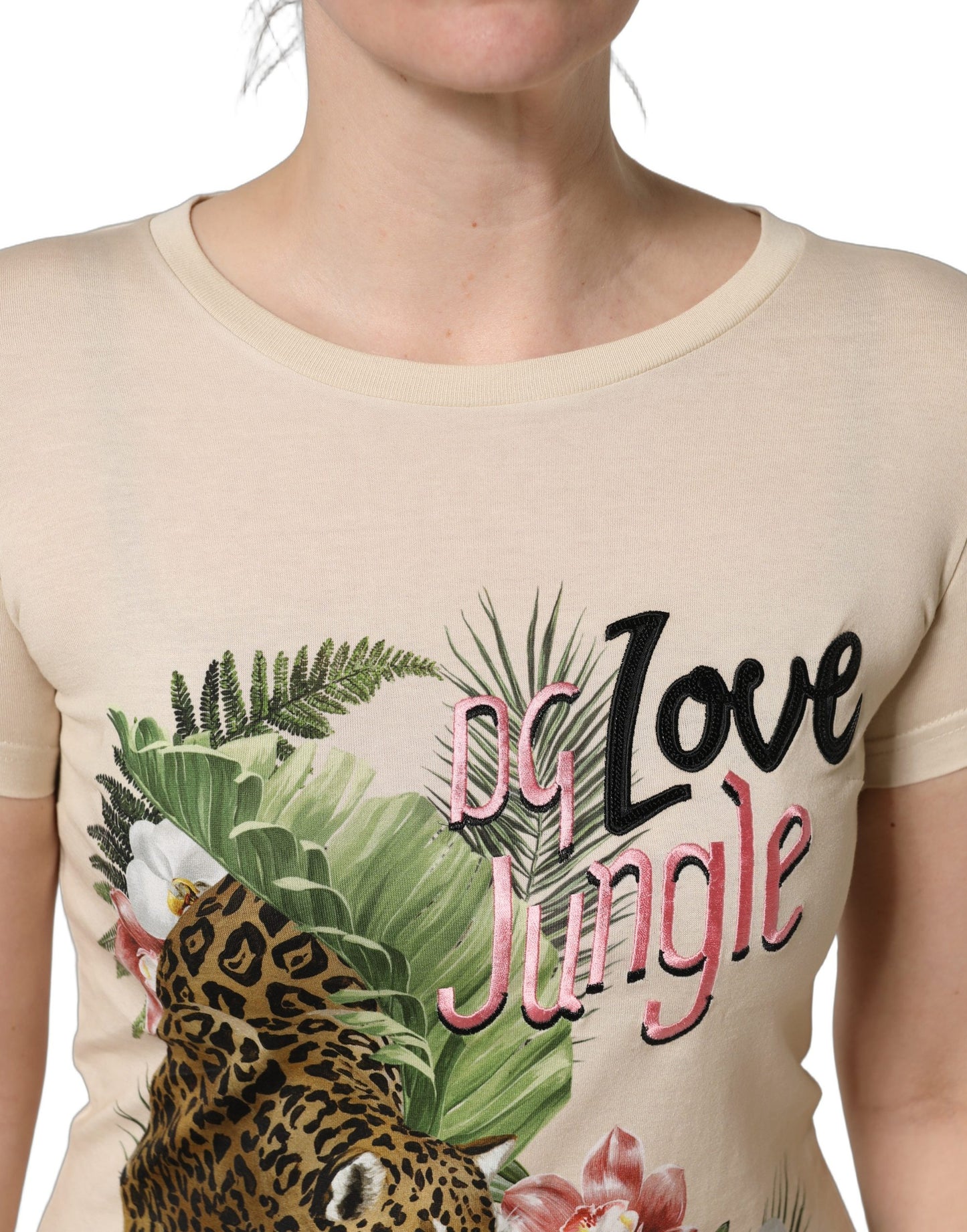 T-shirt Dolce & Gabbana en coton beige imprimé jungle à col rond