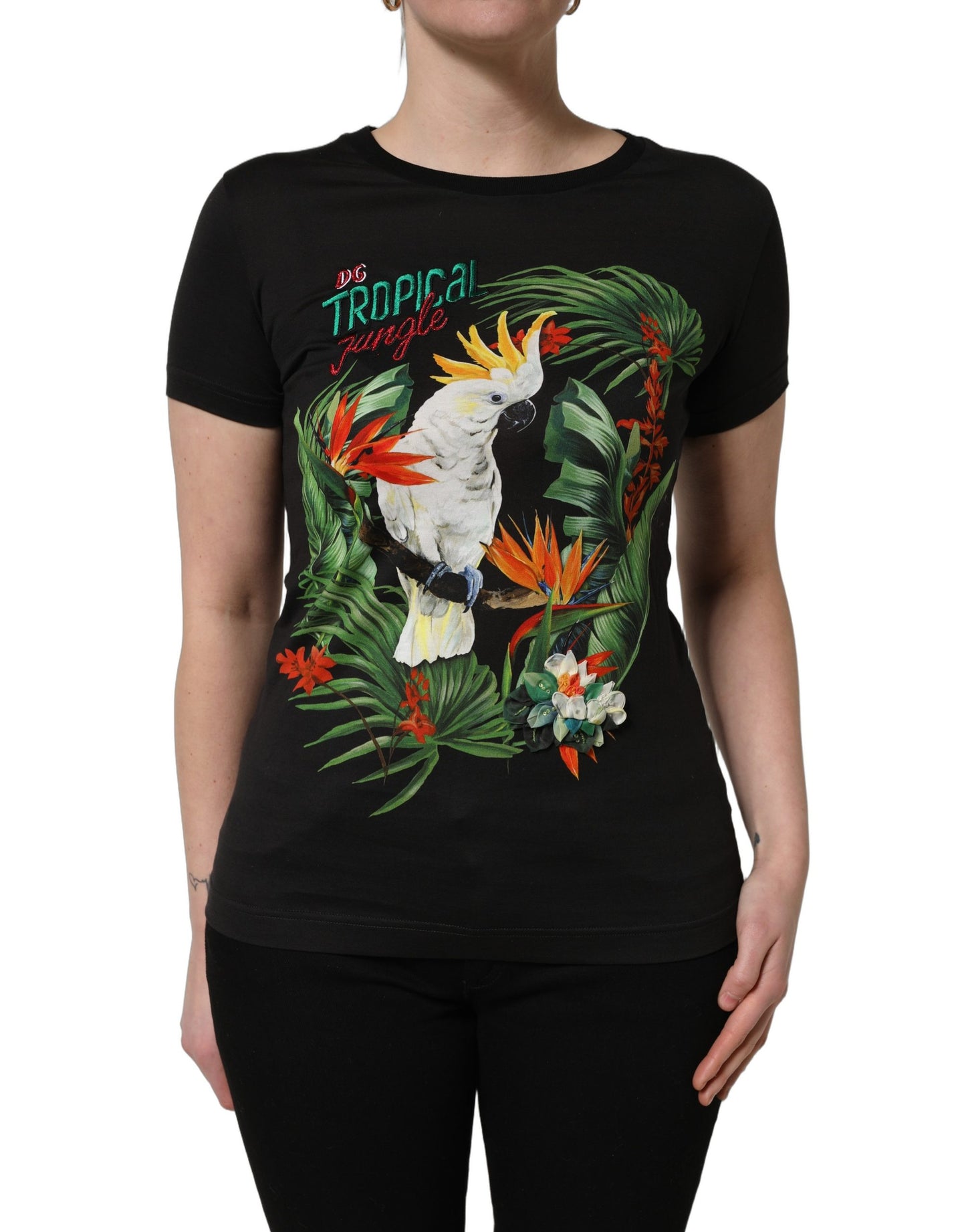 T-shirt Dolce & Gabbana en coton noir à imprimé tropical et col rond