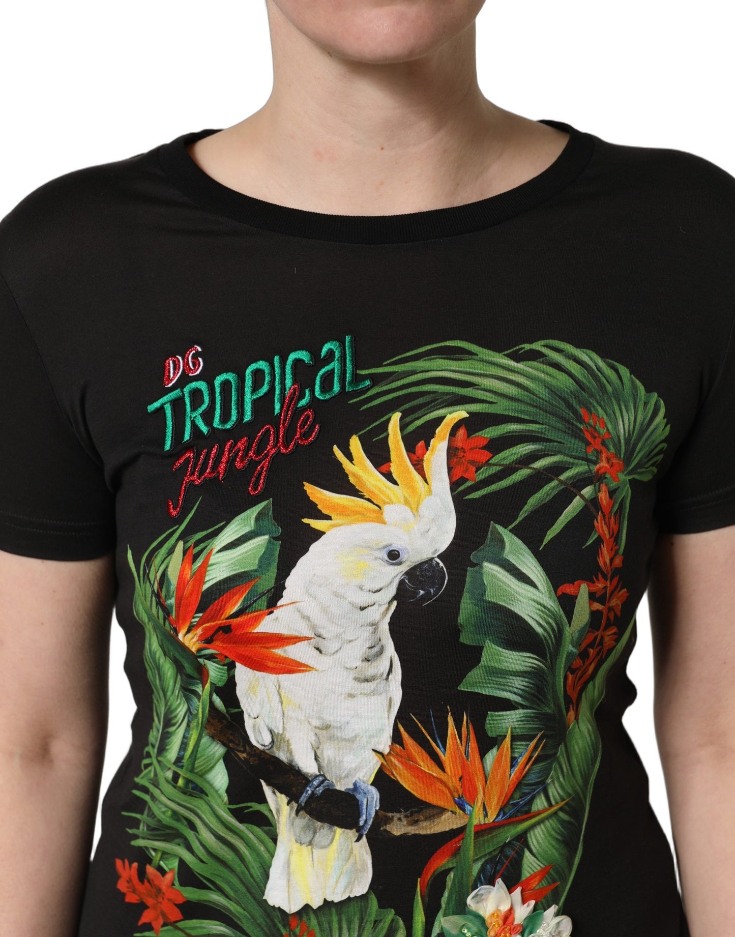 T-shirt Dolce & Gabbana en coton noir à imprimé tropical et col rond