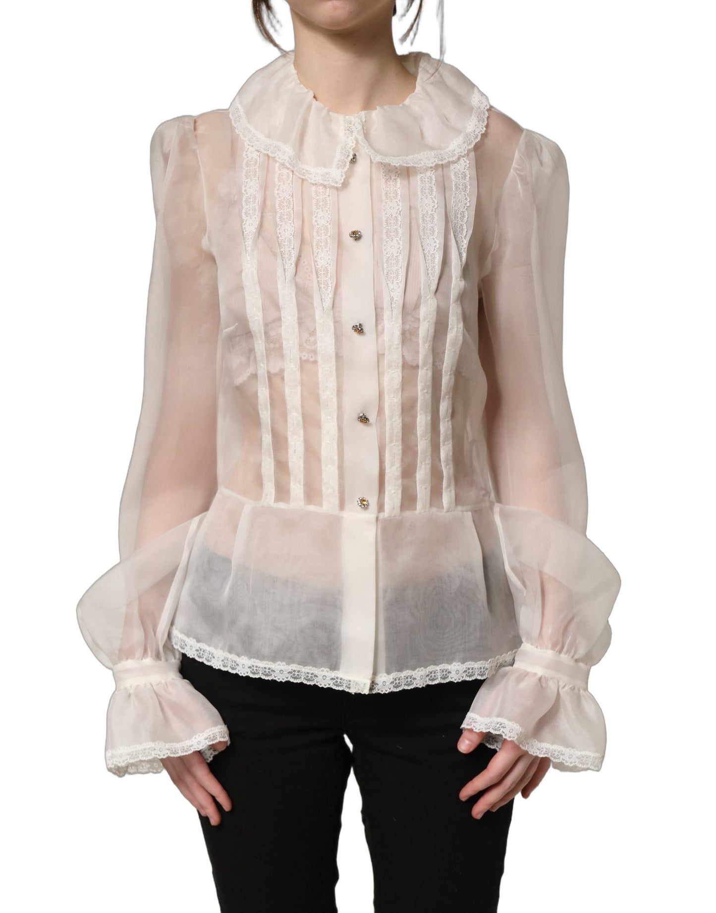 Chemisier boutonné Dolce & Gabbana en soie transparente blanche à volants