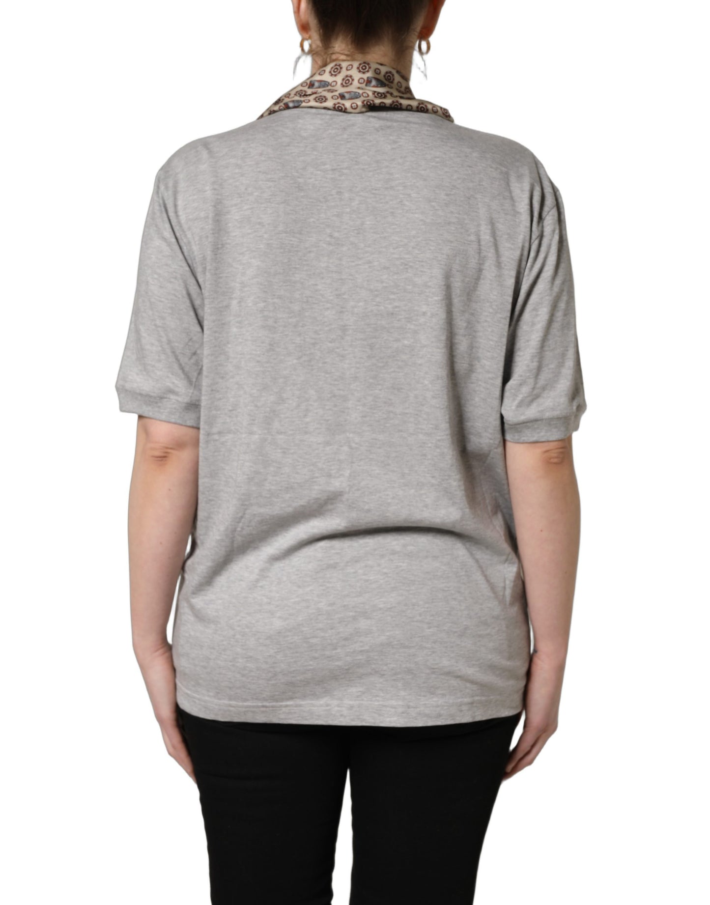 Dolce & Gabbana Camiseta de algodón gris con cuello de pico y pañuelo de seda con estampado de búho