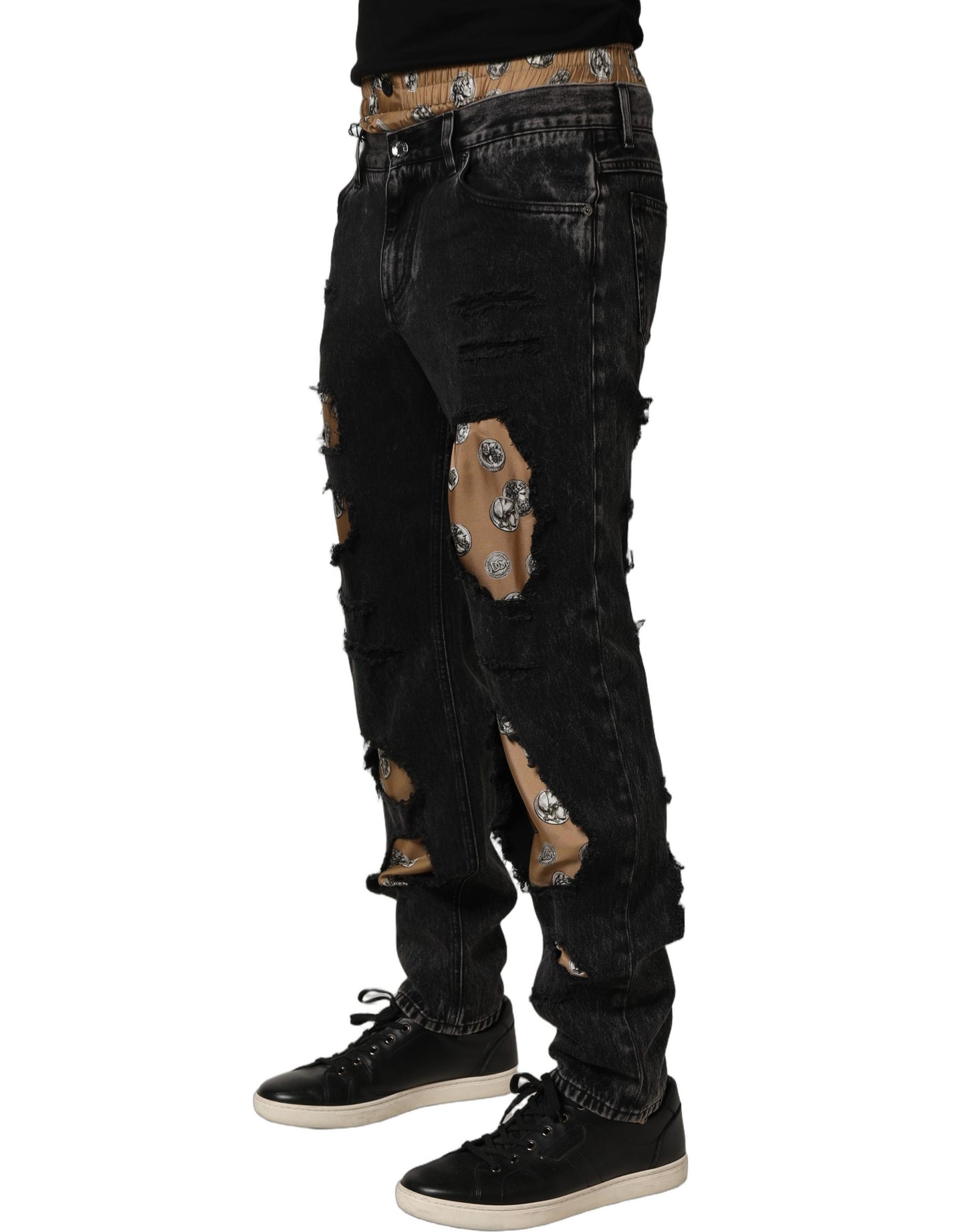 Jeans rectos de algodón envejecido negros de Dolce & Gabbana
