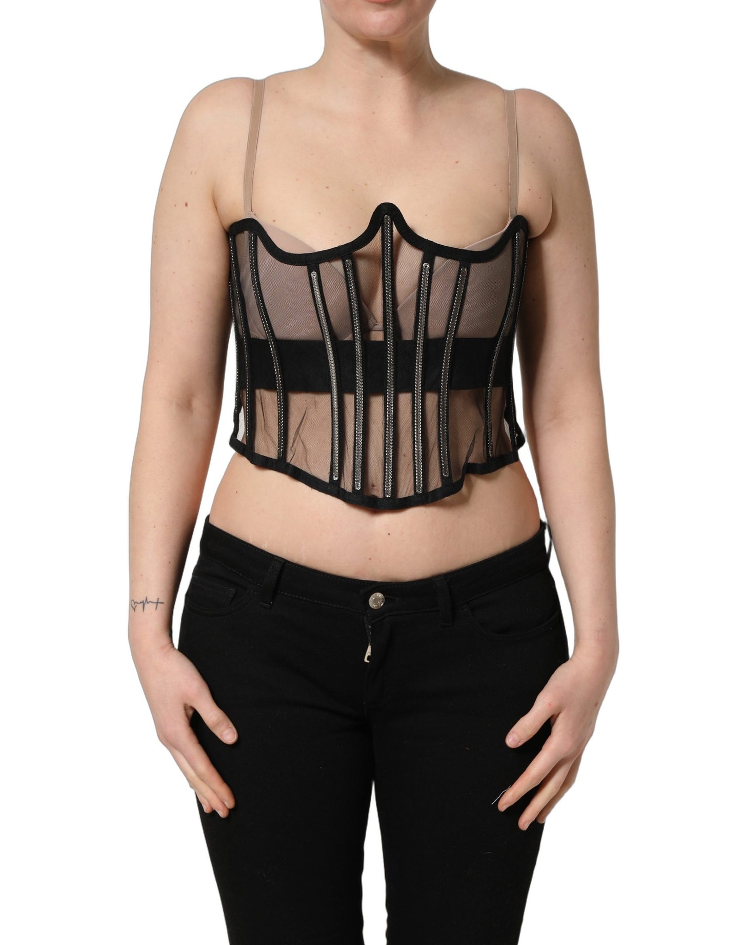 Body de tul transparente negro con diseño de corsé corto de Dolce & Gabbana