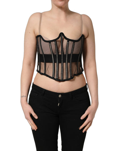 Body de tul transparente negro con diseño de corsé corto de Dolce & Gabbana