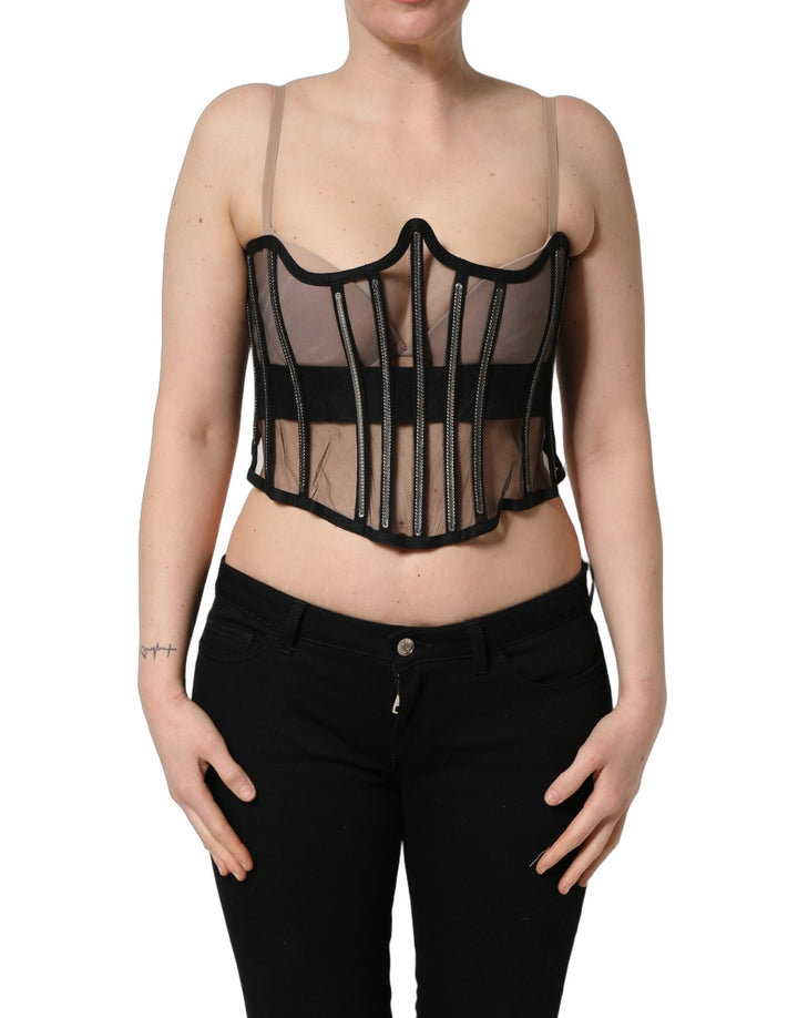Body de tul transparente negro con diseño de corsé corto de Dolce & Gabbana