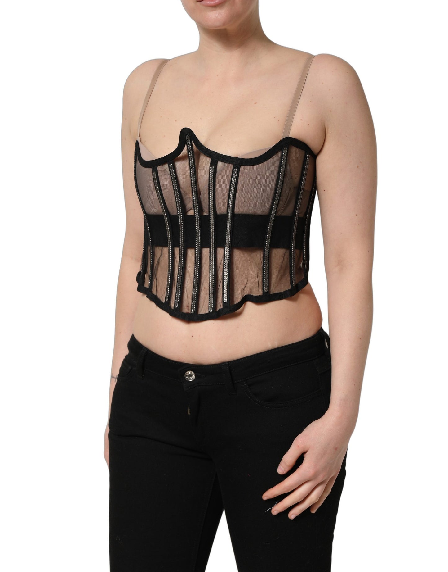Body de tul transparente negro con diseño de corsé corto de Dolce & Gabbana