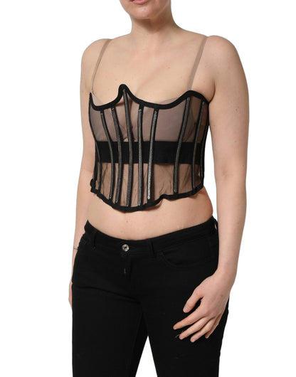 Body de tul transparente negro con diseño de corsé corto de Dolce & Gabbana