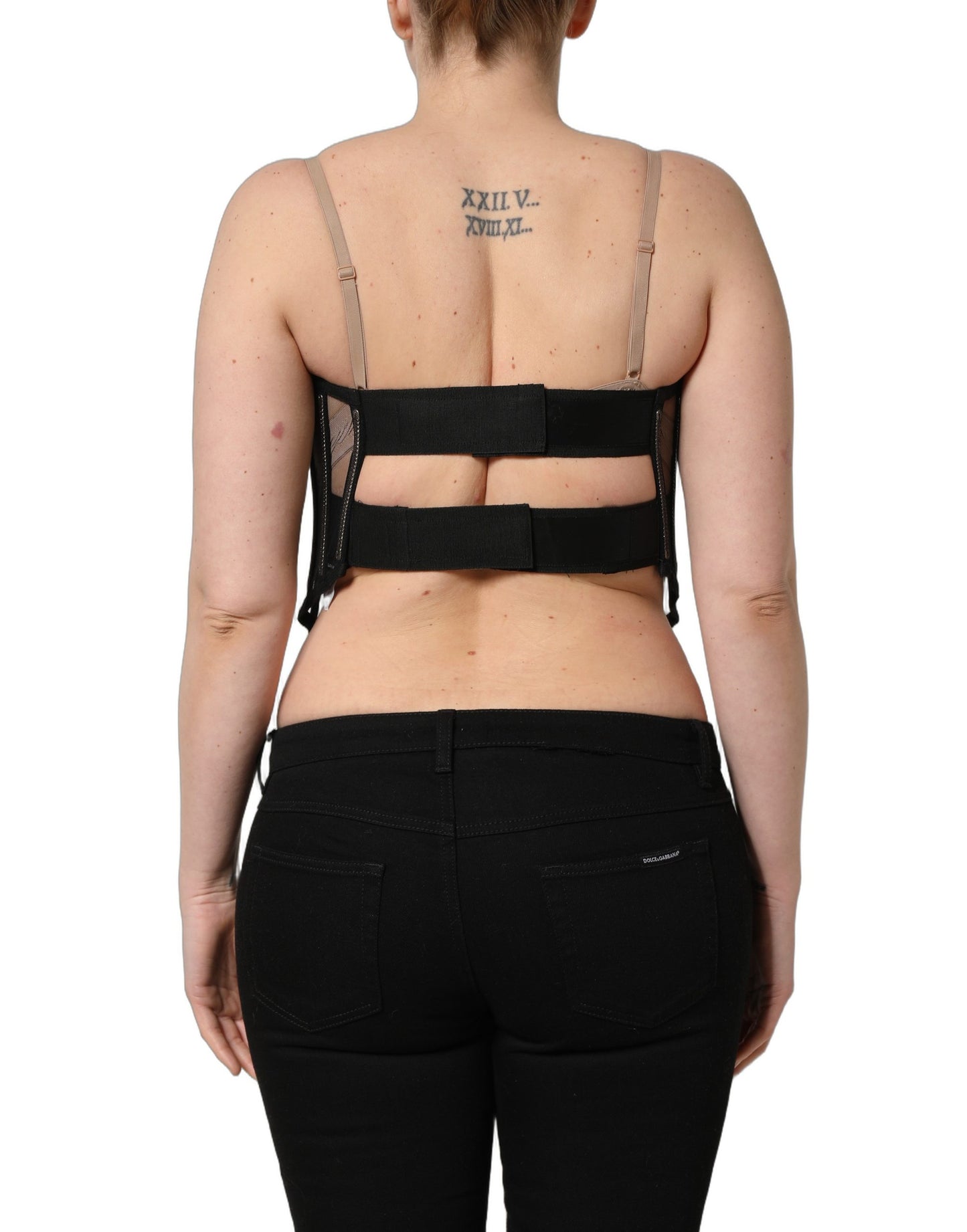 Body de tul transparente negro con diseño de corsé corto de Dolce & Gabbana