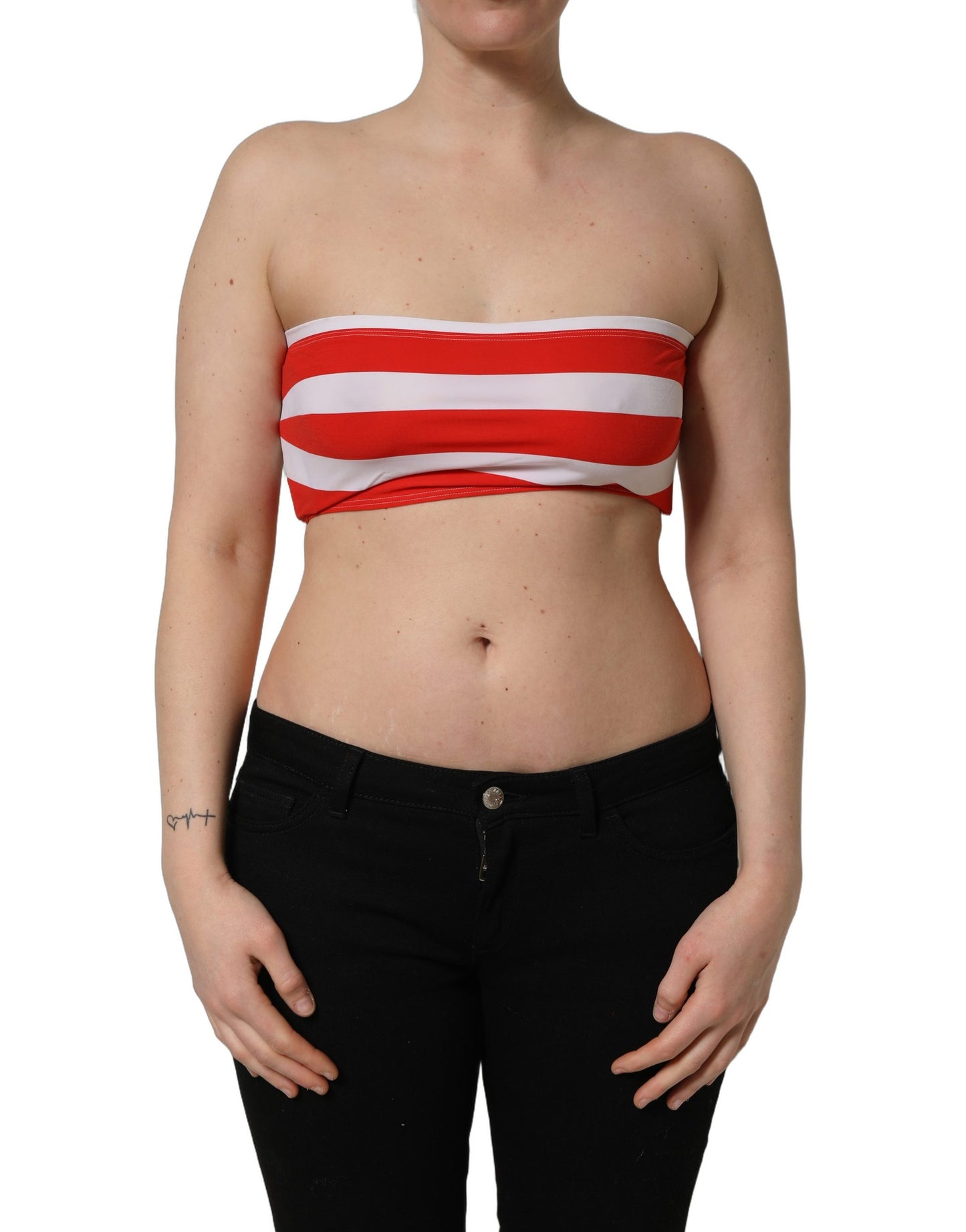 Top corto acanalado de tubo de nailon a rayas blanco y rojo de Dolce & Gabbana
