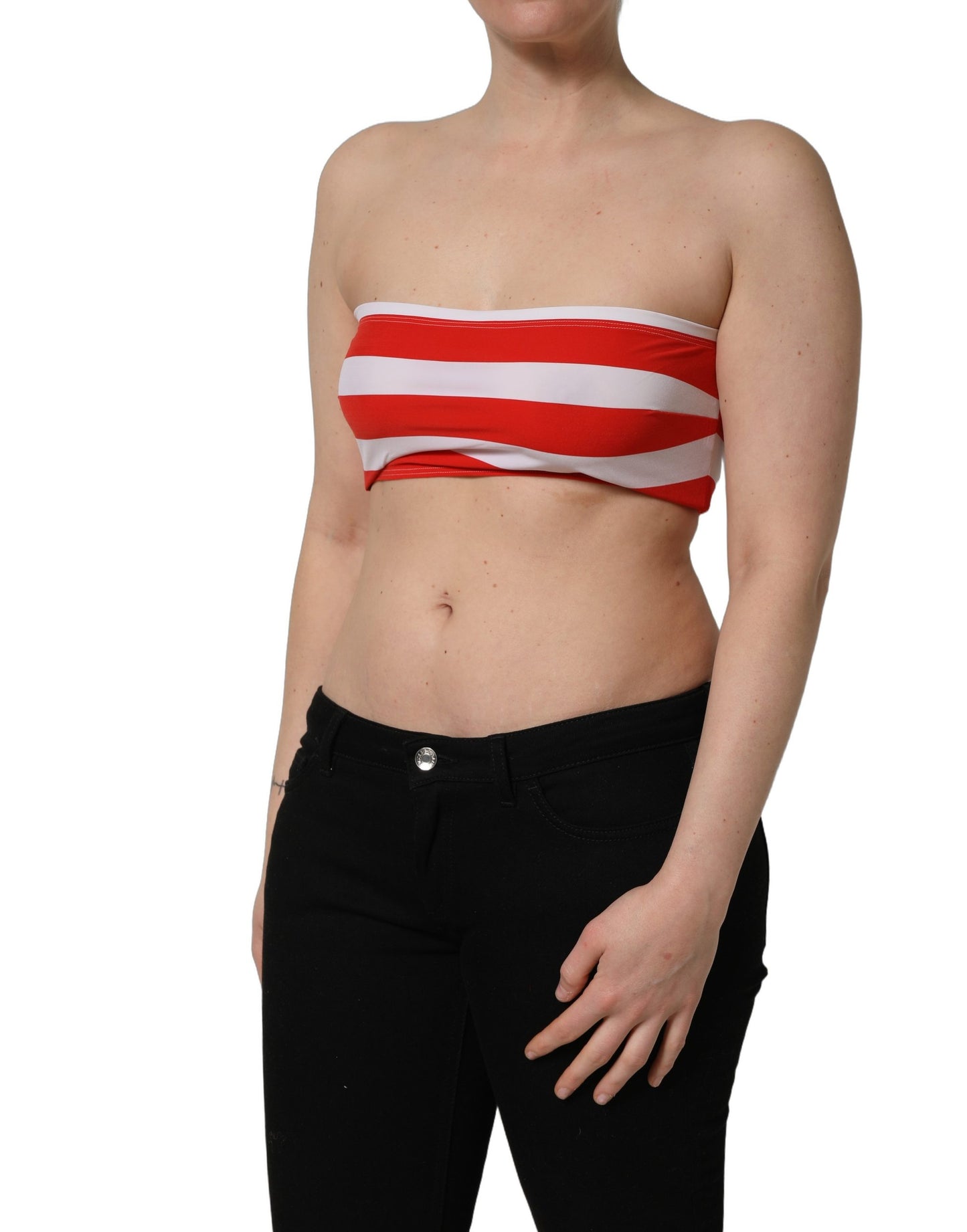 Top corto acanalado de tubo de nailon a rayas blanco y rojo de Dolce & Gabbana