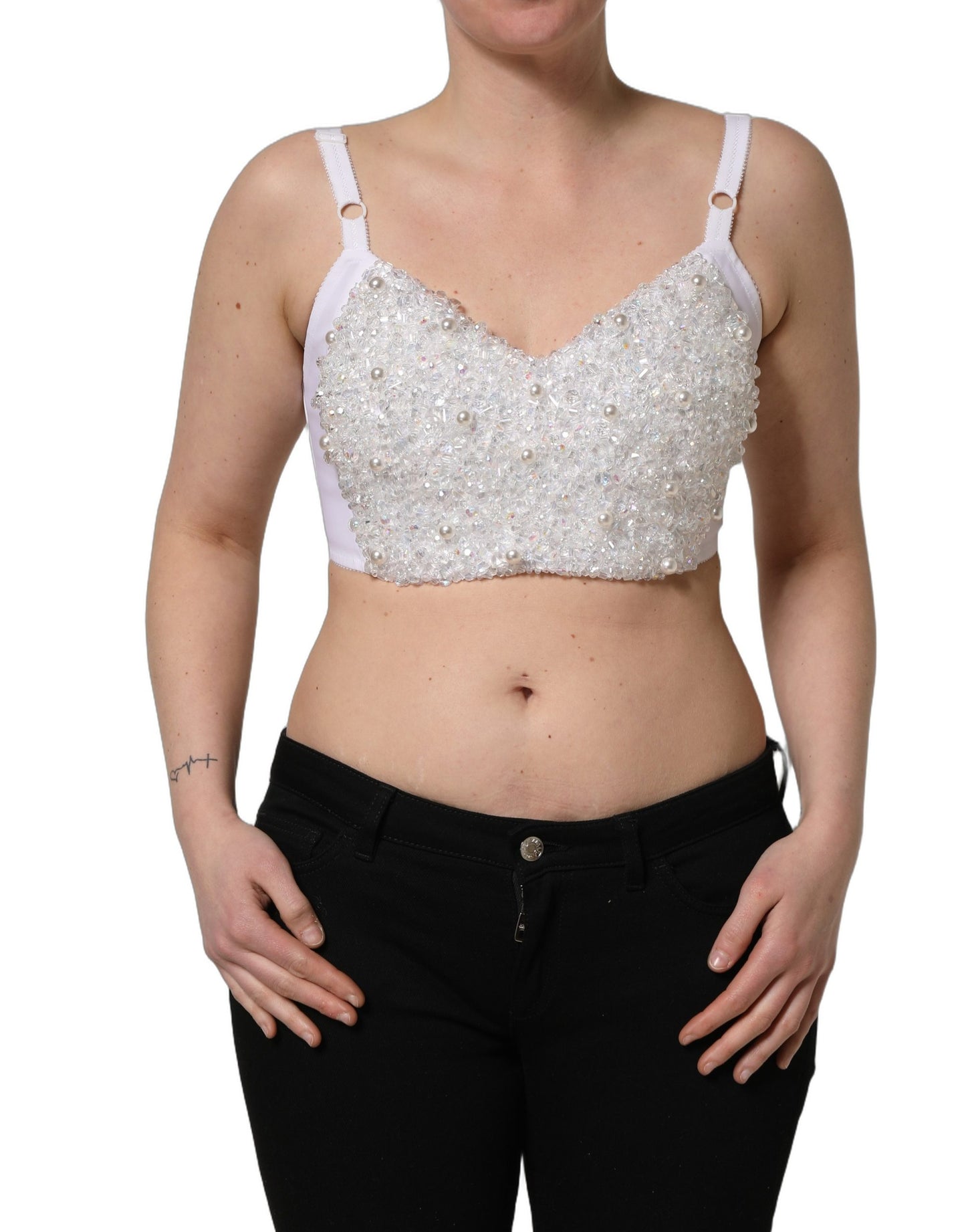 Top corto corsé bustier Dolce & Gabbana de perlas blancas bordadas