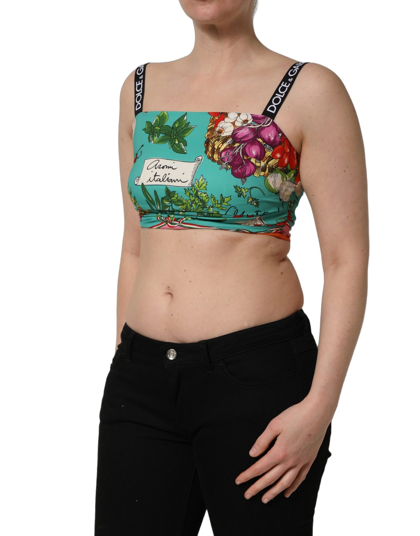 Top corto de seda con estampado vegetal turquesa de Dolce & Gabbana