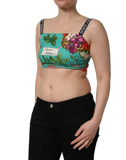 Top corto de seda con estampado vegetal turquesa de Dolce & Gabbana