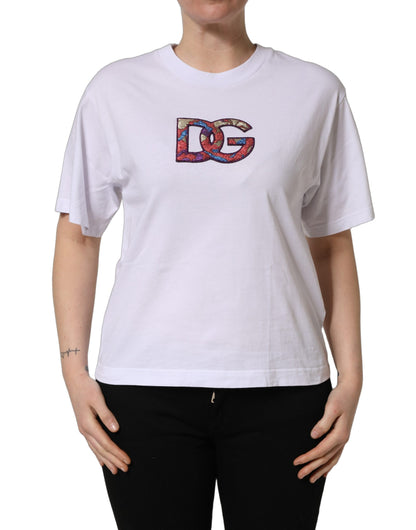 Camiseta de cuello redondo de algodón blanco con parche del logo DG de Dolce & Gabbana