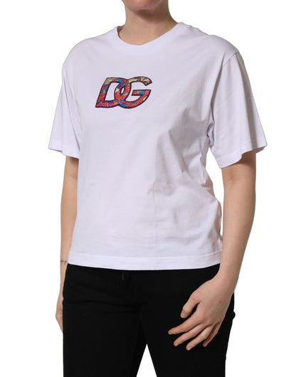 Camiseta de cuello redondo de algodón blanco con parche del logo DG de Dolce & Gabbana