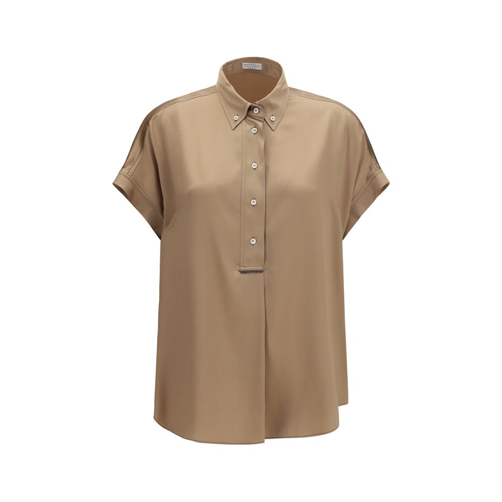 Camisa de manga corta de seda beige Brunello Cucinelli