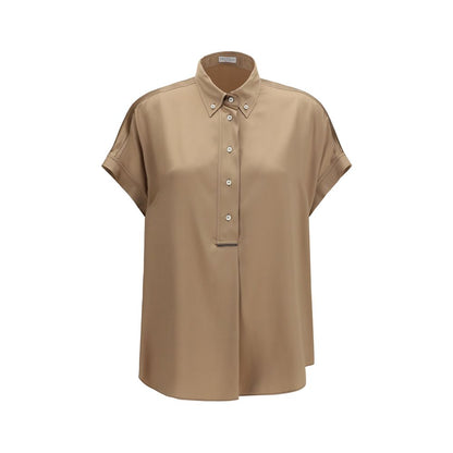 Camisa de manga corta de seda beige Brunello Cucinelli