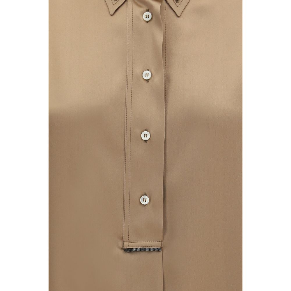 Camisa de manga corta de seda beige Brunello Cucinelli