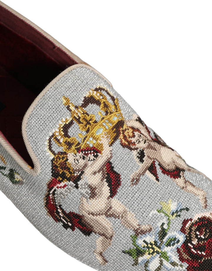 Zapatos mocasín Dolce & Gabbana grises con bordado de corona, rosa y ángel