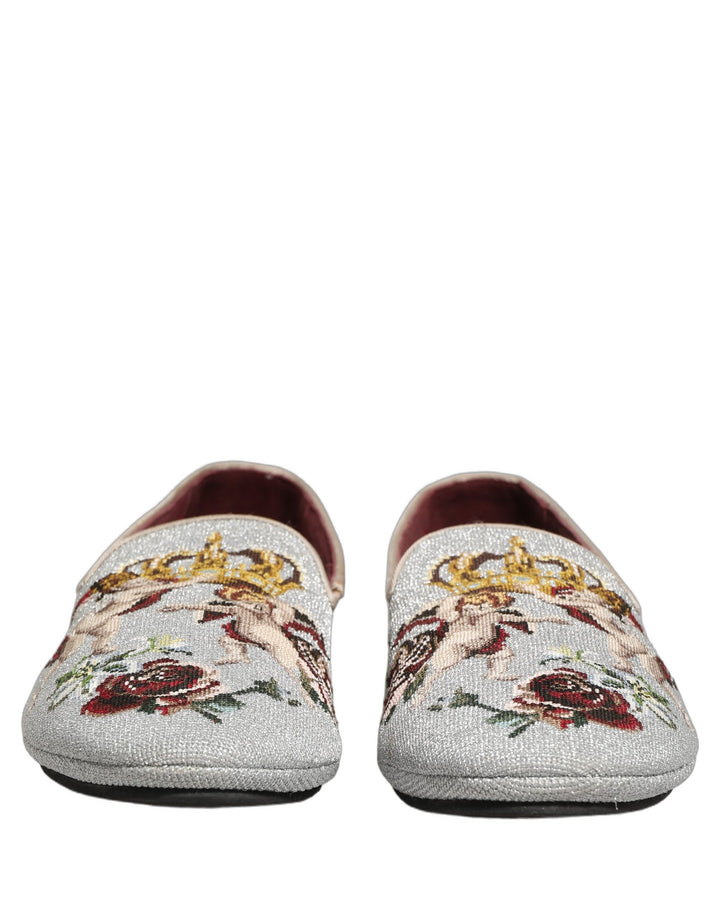 Zapatos mocasín Dolce & Gabbana grises con bordado de corona, rosa y ángel