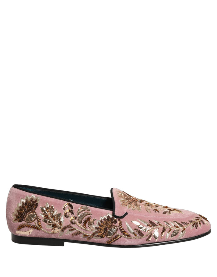 Zapatos mocasines Dolce & Gabbana de terciopelo rosa con bordado floral