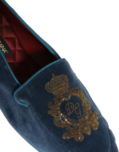 Zapatos de mocasín con bordado de corona de terciopelo azul Dolce & Gabbana