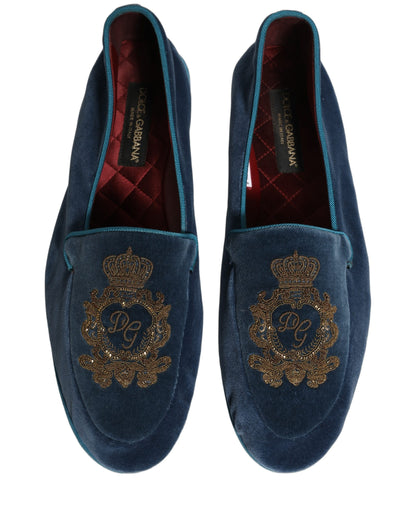 Zapatos de mocasín con bordado de corona de terciopelo azul Dolce & Gabbana