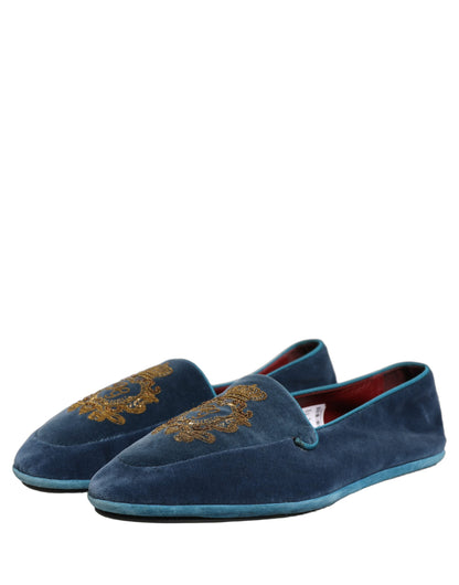 Zapatos de mocasín con bordado de corona de terciopelo azul Dolce & Gabbana