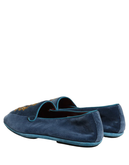 Zapatos de mocasín con bordado de corona de terciopelo azul Dolce & Gabbana