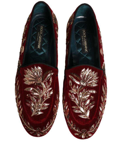 Chaussures mocassins Dolce & Gabbana en velours rouge brodé de fleurs