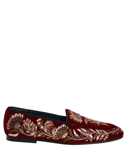 Chaussures mocassins Dolce & Gabbana en velours rouge brodé de fleurs